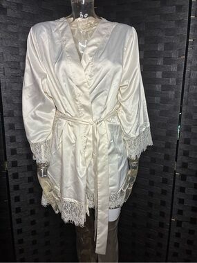 Secret Possessions Satin Lace-Trim Wrap Robe in Ivory